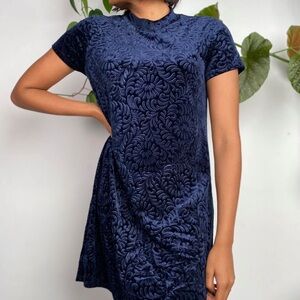 WOMENS AQUA NAVY FLORAL VELOUR DETAILED HIGH NECK SHORT SLEEVE DRESS SIZE LARGE